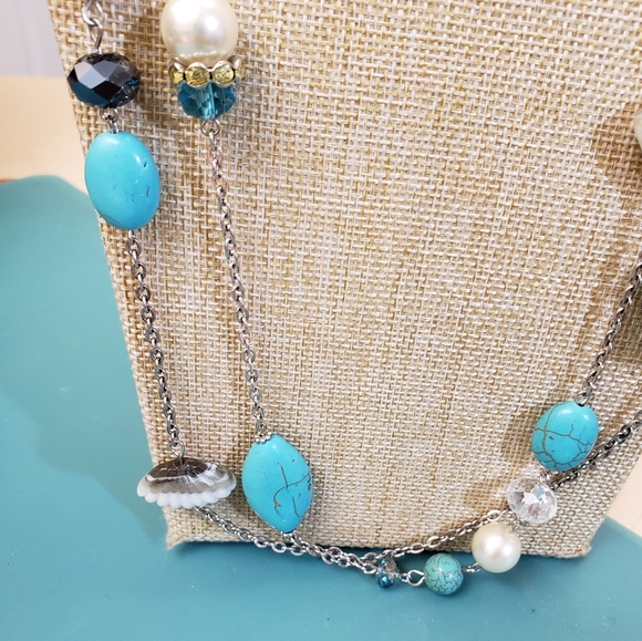 St Emerald, NWT, 2 turquoise, pearl beaded jeweled long silver fashion necklaces - Picture 10 of 16